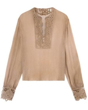 Ermanno Scervino Sheer Carved Plastron Top - Natural