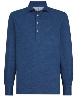 Brunello Cucinelli Linen And Cotton Mélange Jersey Long Sleeve Polo With Shirt-Style Collar - Blue
