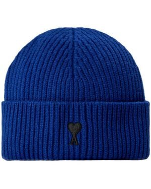 Ami Paris Ribbed Knit Beanie - Blue