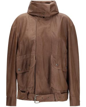 Calvin Klein Isa Belted High Collar Leather Jacket - Brown