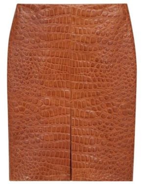 Saint Laurent Leather Croc-Embossed Mini Pencil Skirt - Brown