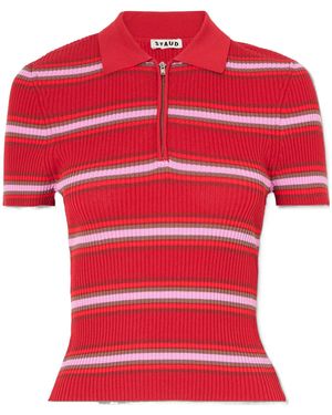 STAUD Ren Striped Ribbed Knit Polo Shirt - Red