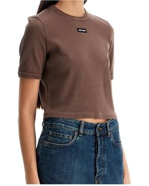 Miu Miu Crewneck Cropped Ribbed T-Shirt - Brown