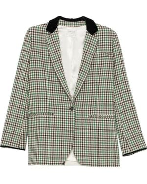 forte_forte Check Velvet-Collar Blazer - Green
