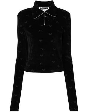 ROTATE BIRGER CHRISTENSEN Monogrammed-Velvet Funnel-Neck Top - Black