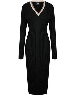 BOSS V-Neck Ribbed Knit Bodycon Midi Dress - Black