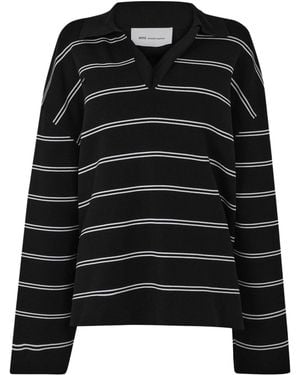 Ami Paris Striped Longsleeve Lapel Top - Black