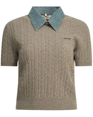 Miu Miu Short-Sleeved Knit Polo Shirt - Grey