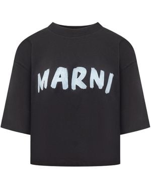 Marni Logo Printed Crewneck Cropped T-Shirt - Black