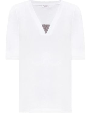 Brunello Cucinelli Monili Chain-Embellished V-Neck T-Shirt - White