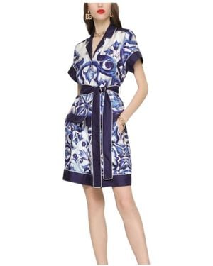 Dolce & Gabbana Majolica-Print Belted Silk Shirt - Blue