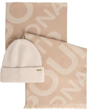 Barbour Knitted Beanie With Check Scarf - Natural