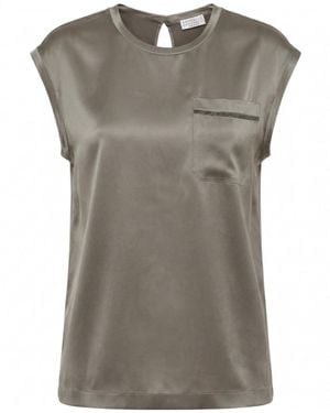 Brunello Cucinelli Monili-Chain Pocket Silk Top - Grey