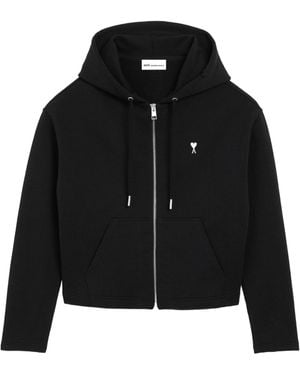 Ami Paris Ami De Coeur Zip-Up Drawstring Hoodie - Black