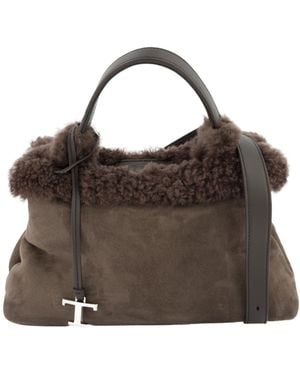 Tod's Shearling Trim Tote Bag - Brown