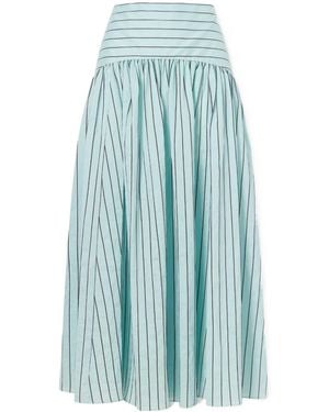 STAUD Procida Pleated Striped Midi Skirt - Blue
