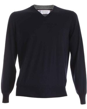 Brunello Cucinelli Ribbed-Knit V-Neck Jumper - Blue