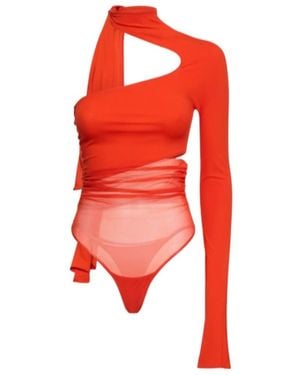 Mugler Asymmetrical Jersey Mesh Jumpsuit - Red