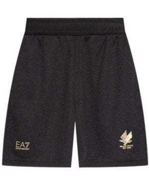 EA7 Logo Printed Track Shorts - Black