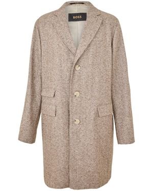 BOSS Herringbone Wool Overcoat - Natural