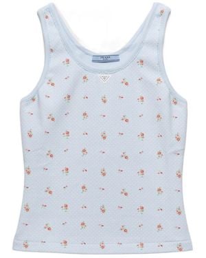 Prada Stretch-Cotton Floral Tank Top - Blue