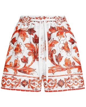 Dolce & Gabbana Majolica-Print Broderie Anglaise Lace Shorts - Red