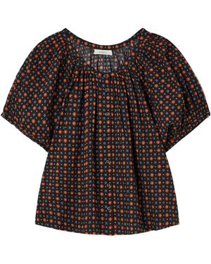 Doen June Gathered Floral-Print Organic Cotton-Voile Blouse - Black