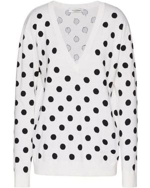 Valentino Logo V-Neck-Wool Jumper - White
