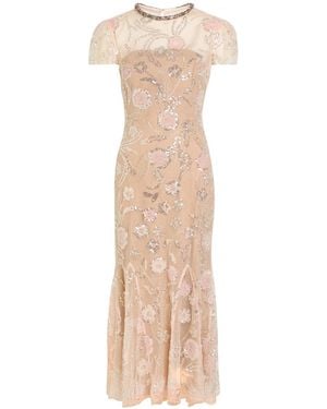 Self-Portrait Embellished Floral-Appliquéd Organza Midi Dress - Natural