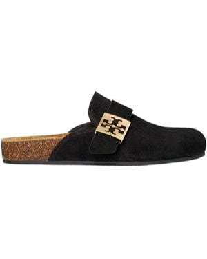 Tory Burch Suede Slip-On Mules Logo Hardware - Black