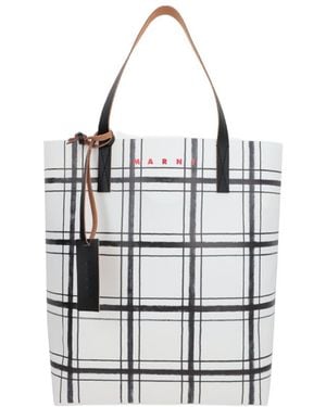 Marni Check-Print Logo Tote Bag - White