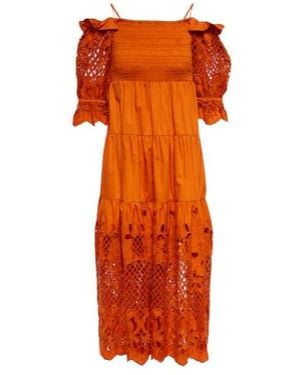 Self-Portrait Embroidered Cotton Poplin Midi Dress - Orange