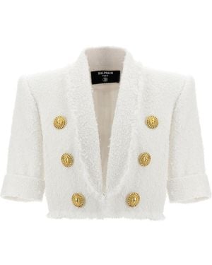 Balmain Cropped Bouclé Tweed Jacket - White