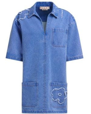 Marni Patch Detail Short Denim Dress - Blue