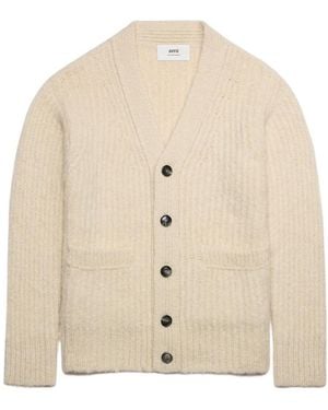 Ami Paris Ami V-Neck Ribbed Cardigan - Natural