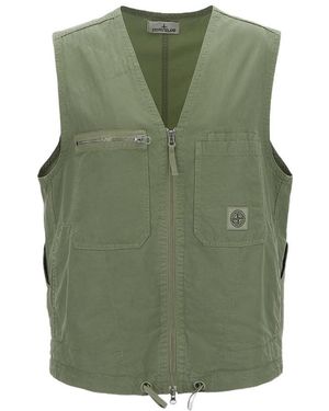 Stone Island Logo-Patch Twill Weave Waistcoat - Green