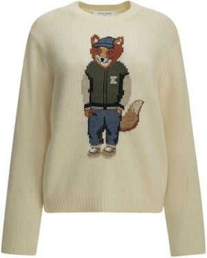 Maison Kitsuné Maison Kitsuné Dressed Fox Crew Neck Knitted Sweater - Natural