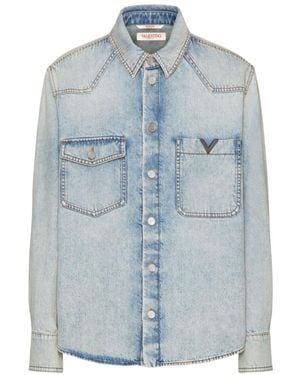 Valentino Logo Plaque Long-Sleeved Denim Shirt - Blue