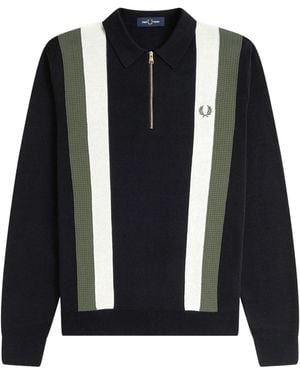 Fred Perry Striped Cotton Zipup Polo Shirt - Black