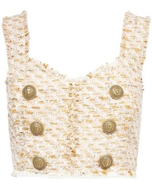 Balmain Button-Embellished Tweed Cropped Top - Natural