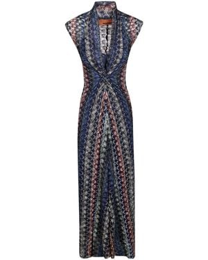Missoni Zig-Zag Pattern V-Neck Midi Dress - Blue