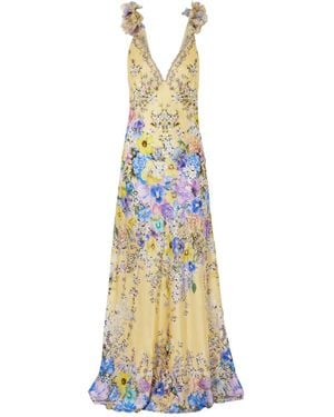 CAMILLA Appliquéd Embellished Floral-Print Silk-Satin Maxi Dress - Metallic