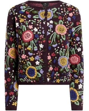 Etro Wool Cardigan With Floral-Embroidery - Black
