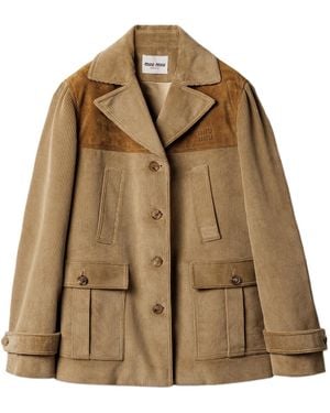 Miu Miu Single-Breasted Corduroy And Leather Jacket - Brown