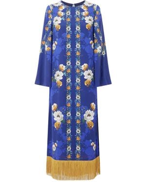 Borgo De Nor Fringed Floral-Print Satin-Crepe Maxi Dress - Blue