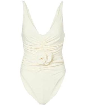 Magda Butrym Floral-Appliqué Ruched Swimsuit - White