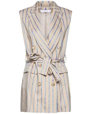 Kaos Long Double Breasted Sleeveless Striped Vest - Natural