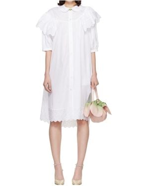 Simone Rocha Ruffle-Trimmed Puff-Sleeve Shirt Midi Dress - White