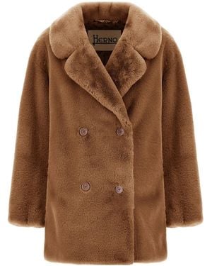 Herno Double-Breasted Faux Fur Coat - Brown