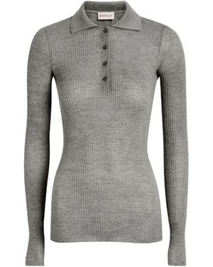 Moncler Ribbed Wool Polo Top - Gray